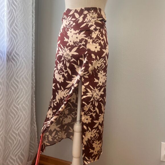 ZARA's Floral Brown/Tan/Red Satin-Effect Midi Straight Skirt Front Slit Size XS - Picture 5 of 10